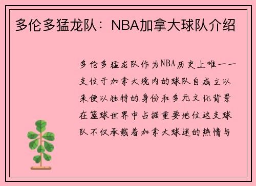 多伦多猛龙队：NBA加拿大球队介绍